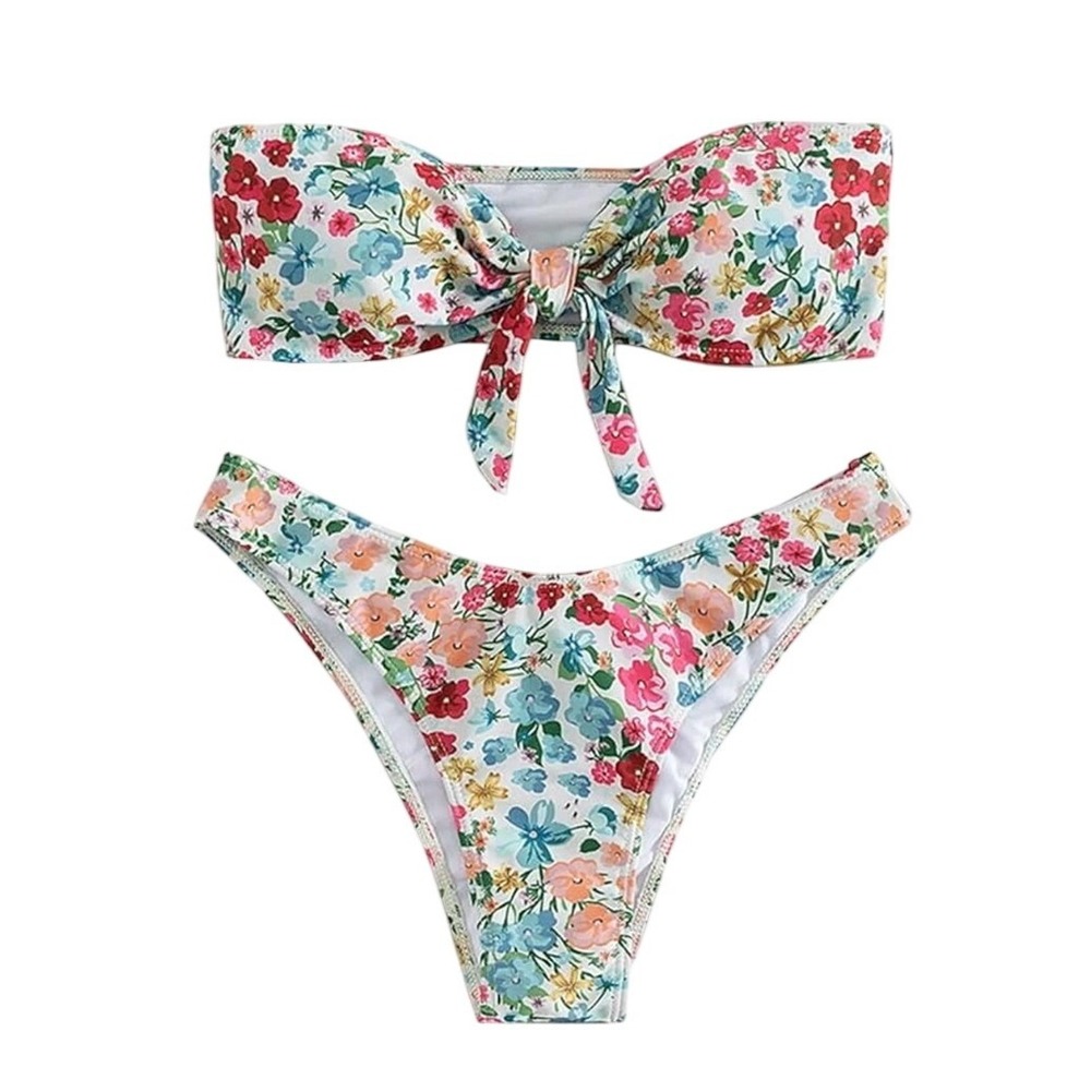 Floral Bandeau Tie Front Bikini Set Multicolor High Cut Swimsuit Large